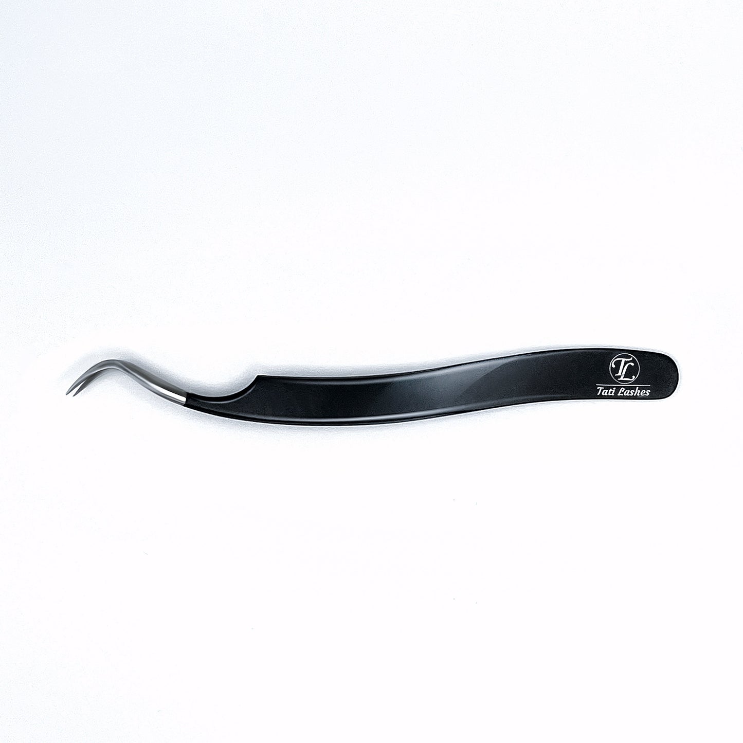 A black crane neck isolation tweezer, typically used for lash application, displayed on a white background.